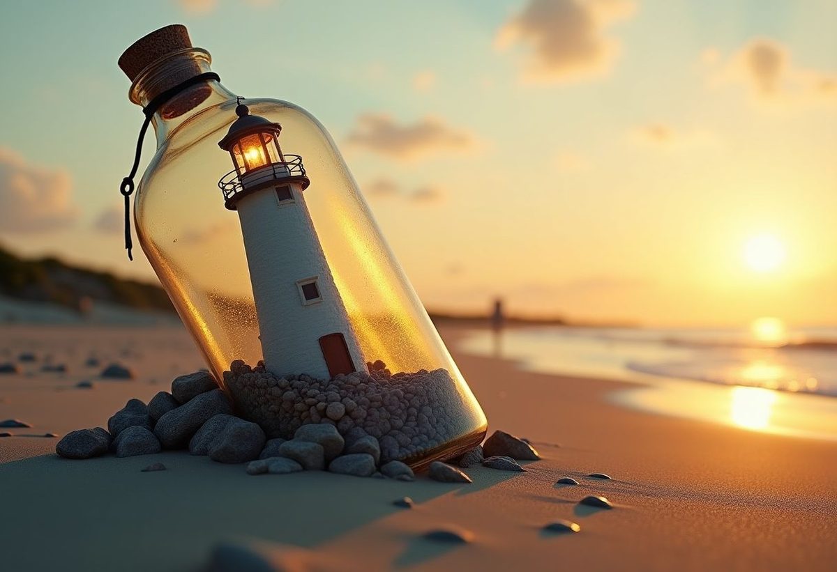 A lighthouse built inside a giant glass bottle on a beach at golden hour