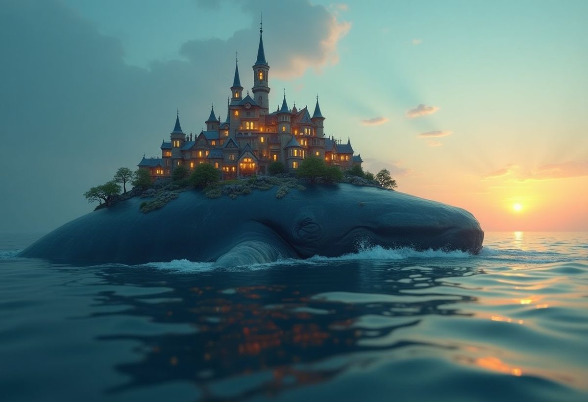 A whale drifting above a city at dusk, lights reflecting on its skin