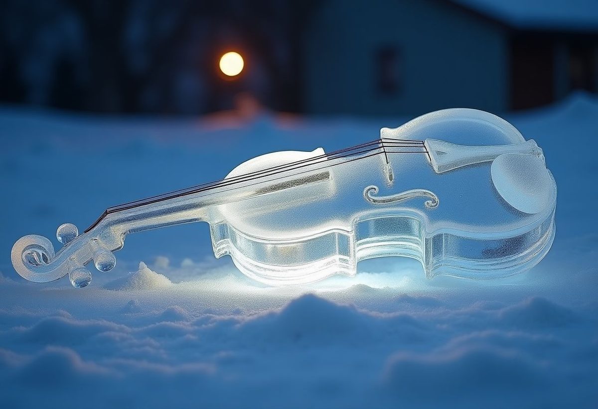 A violin carved from clear ice, melting under stage light