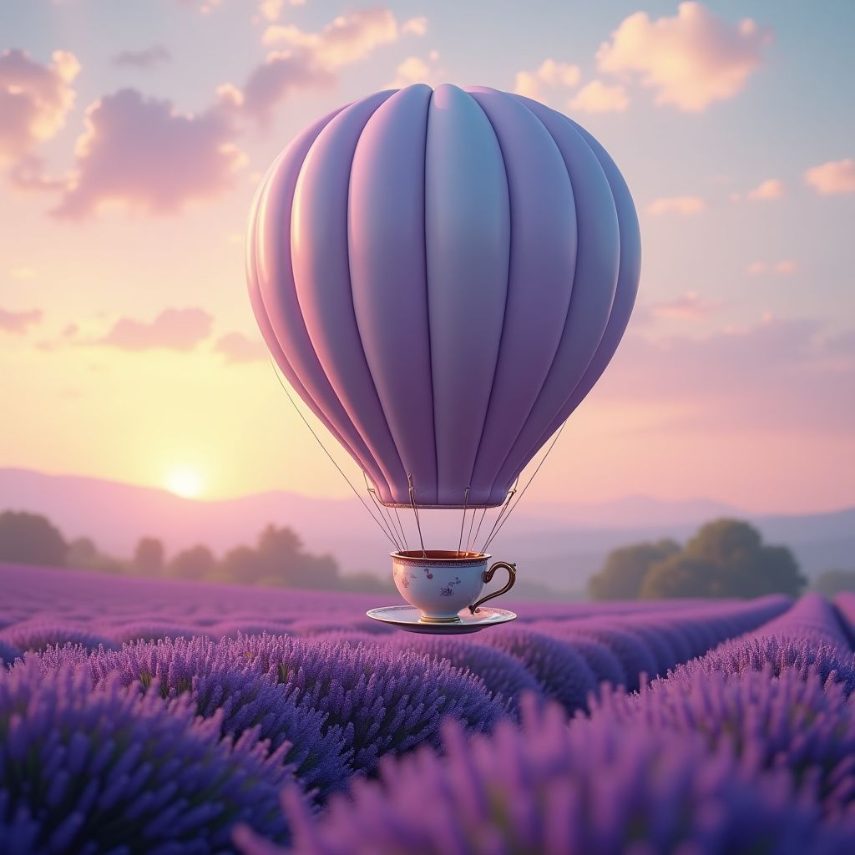 A hot-air balloon shaped like a teacup over lavender fields