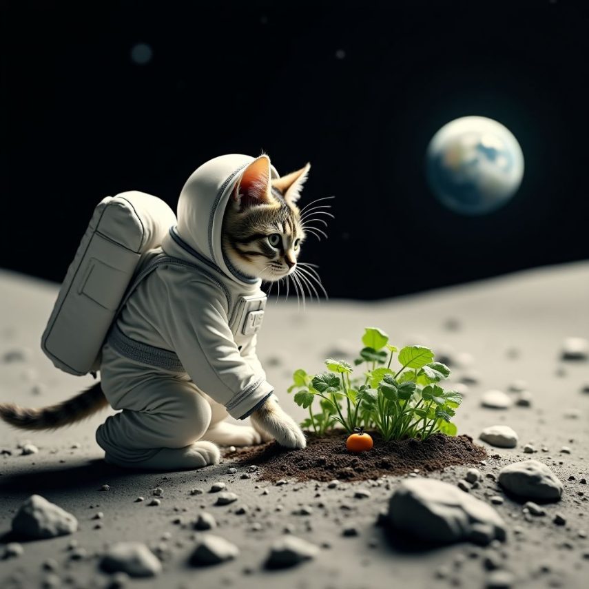 A cat in a tiny spacesuit tending a vegetable garden on the moon