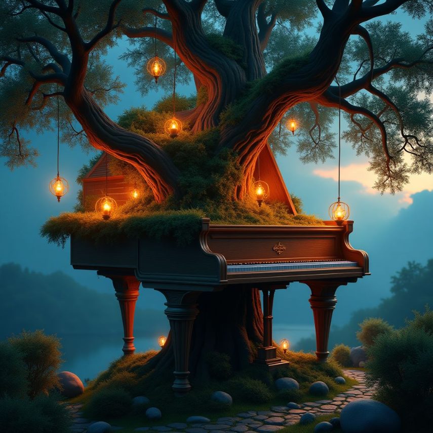 A treehouse grown into the shape of a grand piano