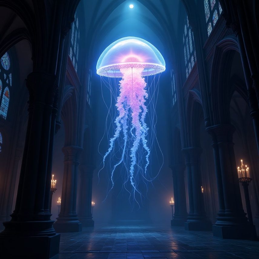 A glowing jellyfish drifting through a cathedral