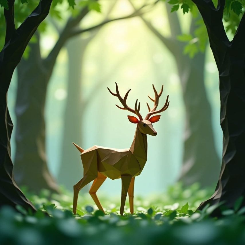 An origami deer standing in a paper forest